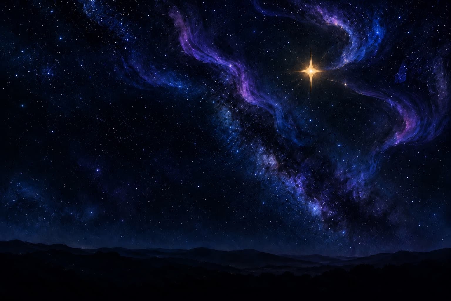 A starry night over the hills; one star brighter than the rest