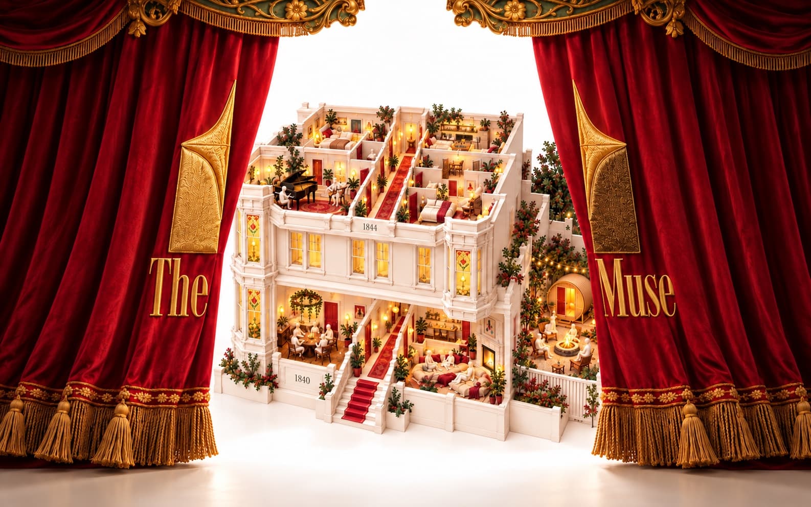 Behind the curtain, a white diorama of the house on a stage