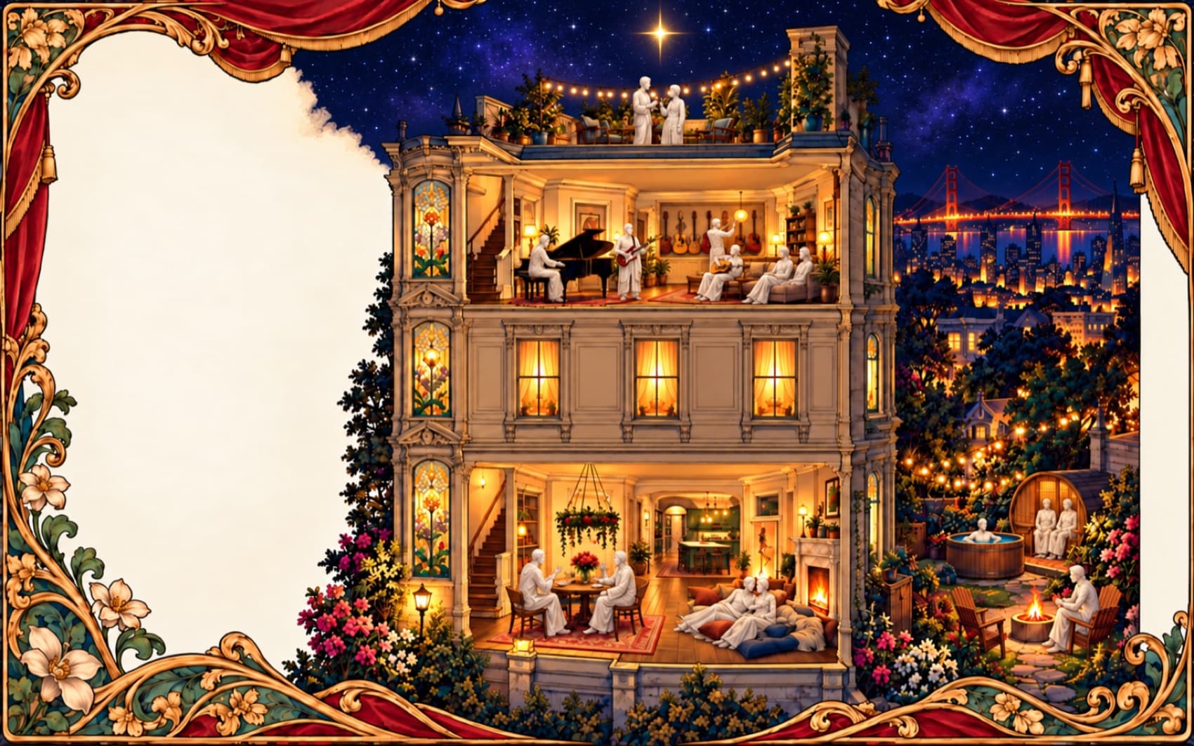 Night: the cuddle-puddle by the fire, music, and the star over the roof